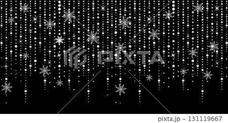 Holiday decoration. Winter season silver ornaments isolated on transparent background. Strings with sparkling glitter stars, snowflakes and balls. For Christmas banners, party posters. Not AI vector 131119667
