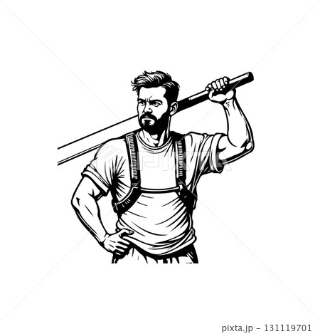 Strong man carrying a heavy tool on his shoulder vector black and white Strong man carrying a heavy tool on his shoulder vector black and white 131119701