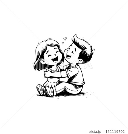 Adorable Cartoon Illustration of a Boy and Girl Hugging with Affectionate Hearts Adorable Cartoon Illustration of a Boy and Girl Hugging with Affectionate Hearts 131119702