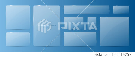 A large set of transparent matte banners of different sizes on a light blue background. 131119758