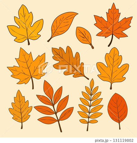 A set of autumn leaves of different shapes on a beige background. A set of autumn leaves of different shapes on a beige background. 131119802