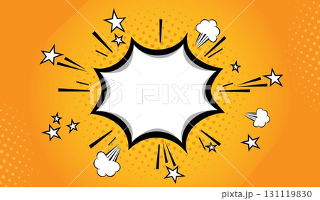 A cartoon comic book template with an explosive speech bubble and a semitone on an orange background. 131119830