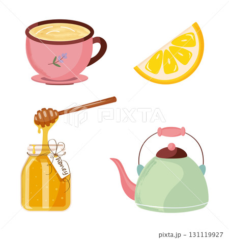 Colorful set green tea set, lemon wedge, pink mug, jar of honey. Hand drawn. 131119927