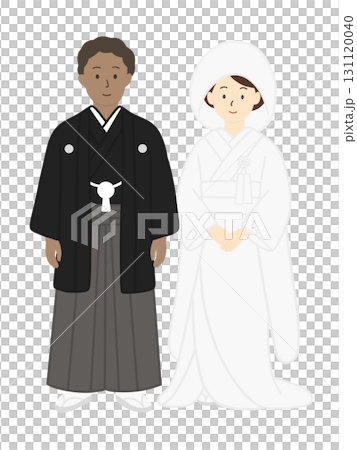 身穿日本傳統婚禮服飾的新郎和新娘插圖 - 國際婚姻 131120040