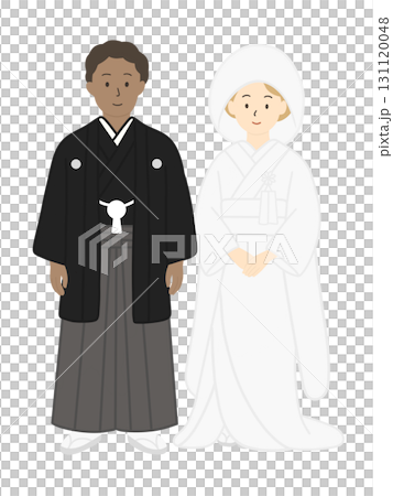 身穿日本傳統婚禮服飾的新郎和新娘的插圖 身穿日本傳統婚禮服飾的新郎和新娘的插圖 131120048