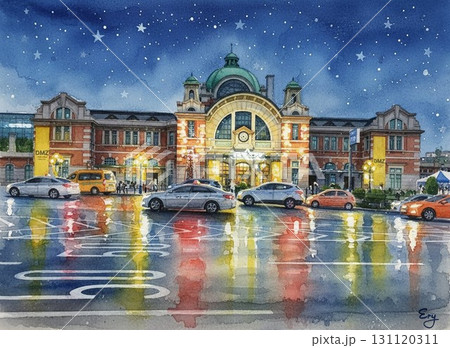 夜景が美しいソウル駅旧駅舎の美しい水彩画イラスト　雨上がり 131120311