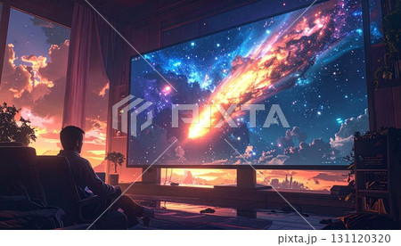 巨大モニターでオレンジ色の彗星を見る男 131120320