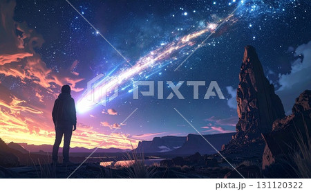 流れていく青い彗星を見る人の後ろ姿 131120322