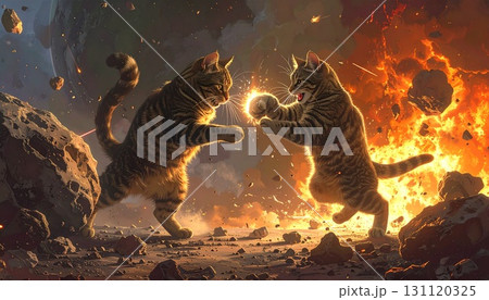 隕石が落ち、爆発する中で戦うネコ2匹 131120325