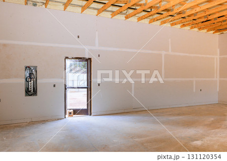 Renovation work is underway in this construction space with an open door letting in natural light. Renovation work is underway in this construction space with an open door letting in natural light. 131120354