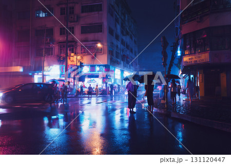 Neon city street at night in the rain with silhouettes and reflections Neon city street at night in the rain with silhouettes and reflections 131120447