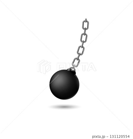 Wrecking ball swinging on chain showing power of demolition and destruction concept 131120554