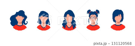 Five cartoon faces in pixel art style with different hairstyles and features 131120568