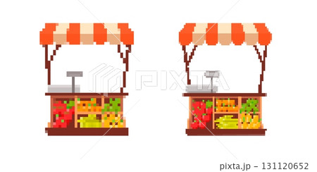 Mosaic pixel art icon of food stall with orange striped canopy and fresh produce display Mosaic pixel art icon of food stall with orange striped canopy and fresh produce display 131120652