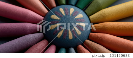Circular arrangement of pastel crayons surrounds central design resembling sunburst, symbolizing creativity and unity Circular arrangement of pastel crayons surrounds central design resembling sunburst, symbolizing creativity and unity 131120688