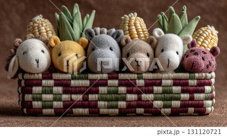 Handmade knitted animal toys in woven basket with corn and pineapple decorations, perfect for Kwanzaa for children 131120721