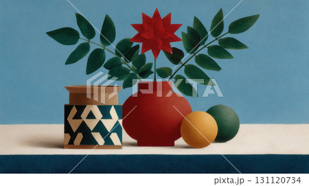 Festive still life featuring red vase with star shaped flower, green leaves, geometric patterned pot, and two round objects 131120734