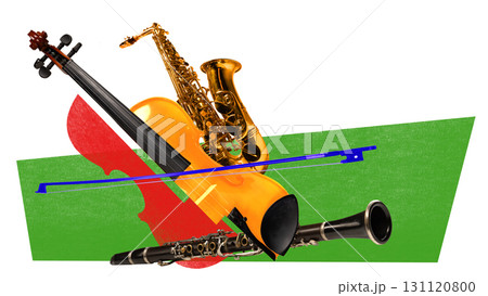 Violin saxophone and clarinet surreal artwork on green abstract background 131120800