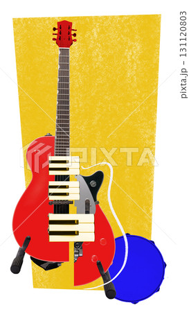 Bright poster. Red electric guitar with piano keys and blue tambourine on yellow background Bright poster. Red electric guitar with piano keys and blue tambourine on yellow background 131120803