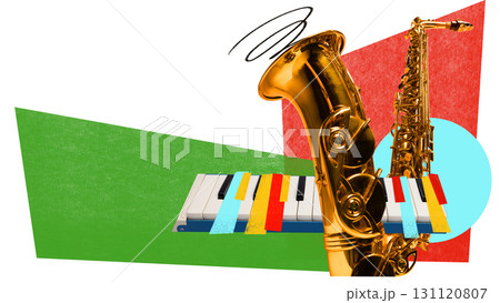 Golden saxophone and colorful piano collage on abstract green and red shapes 131120807
