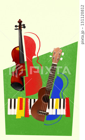 Violin ukulele piano abstract collage with red green blue shapes Violin ukulele piano abstract collage with red green blue shapes 131120812