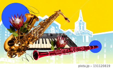 Digital artwork. Saxophone, clarinet and keyboard with flowers and geometric elements on city background 131120819