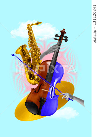 Golden saxophone and blue violin with radiant surreal design Golden saxophone and blue violin with radiant surreal design 131120841