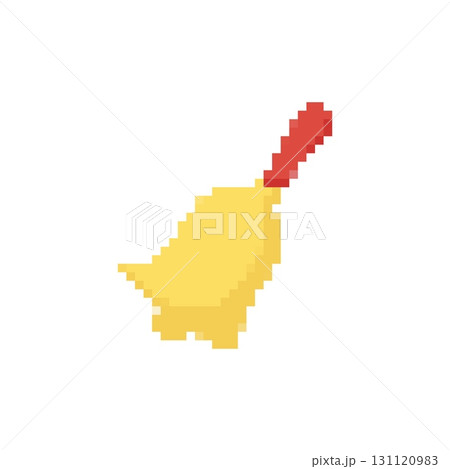 Mosaic pixel art illustration of yellow broom with red handle for cleaning or household themes 131120983