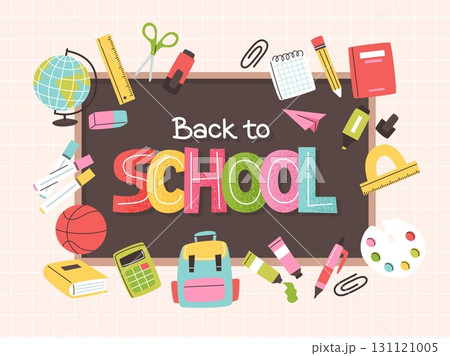 School supplies and blackboard, colorful lettering. Vector illustration in flat style School supplies and blackboard, colorful lettering. Vector illustration in flat style 131121005