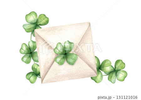 Square envelope sealed with four leaf clover watercolor illustration on isolated background. Hand drawn green shamrock leaves and paper mail with secret. St. Patrick day holiday. For greeting card. 131121016