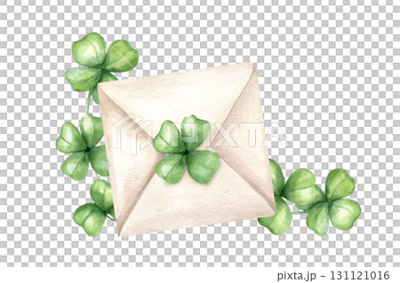 Square envelope sealed with four leaf clover watercolor illustration on isolated background. Hand drawn green shamrock leaves and paper mail with secret. St. Patrick day holiday. For greeting card. 131121016