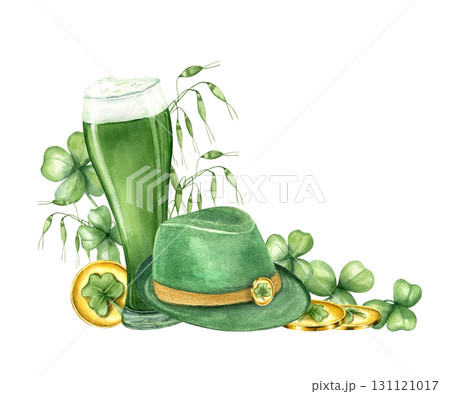 Watercolor full green ale glass, hat, coin pile, green herbs, clover leaves illustration on isolated background. Traditional St. Patrick day malt beer glass among leprechaun hat and money stack. 131121017