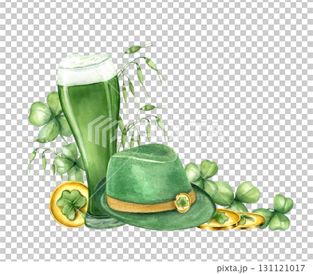 Watercolor full green ale glass, hat, coin pile, green herbs, clover leaves illustration on isolated background. Traditional St. Patrick day malt beer glass among leprechaun hat and money stack. 131121017