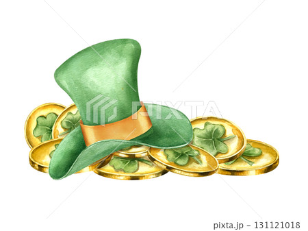 Watercolor golden shamrock coins heap and leprechaun green hat illustration on isolated background. St Patrick day hat on shamrock gold coin finance pile for holiday design, festive greeting card. 131121018
