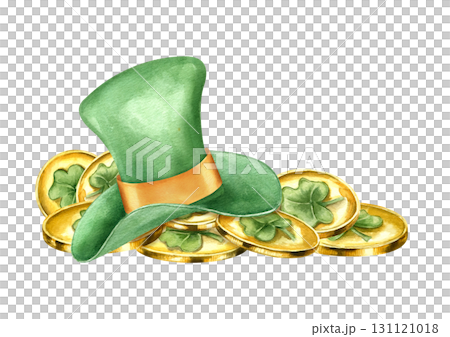 Watercolor golden shamrock coins heap and leprechaun green hat illustration on isolated background. St Patrick day hat on shamrock gold coin finance pile for holiday design, festive greeting card. 131121018