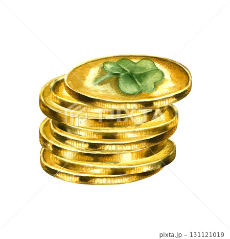 Stack of gold metal coins with traditional clover leaf watercolor illustration on isolated background. St. Patrick day golden money symbols with green trefoil. Treasure pile for festive poster decor. 131121019