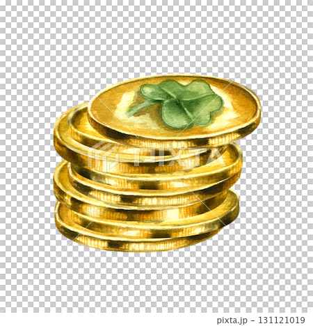 Stack of gold metal coins with traditional clover leaf watercolor illustration on isolated background. St. Patrick day golden money symbols with green trefoil. Treasure pile for festive poster decor. 131121019