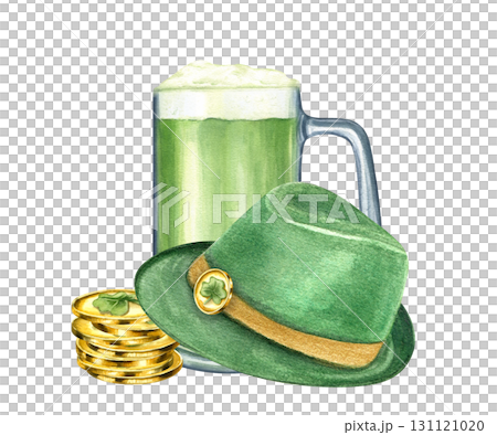 Watercolor traditional St. Patrick day holiday attributes illustration on isolated background. Green ale glass with foam, gold metal coins and hat. Leprechaun accessories for party, greeting cards. 131121020