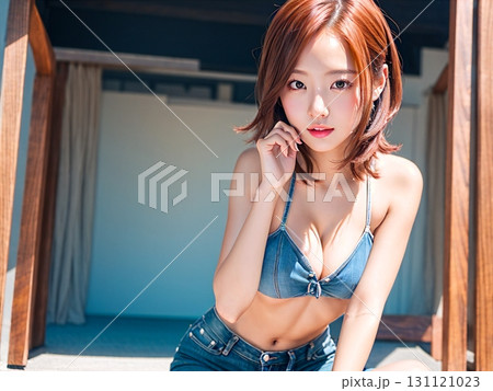 白いビキニの水着の若い女性 131121023