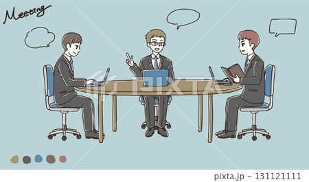 シンプルかわいいオフィスでミーディングをする男性たちのイラスト素材 131121111