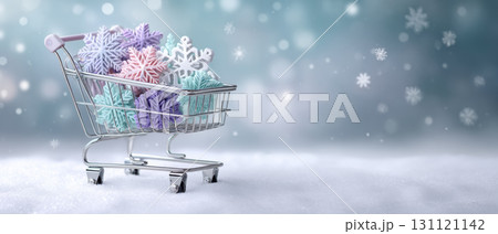Banner winter pastel snowflake decorations shopping cart snowy background joyful holiday scene 131121142