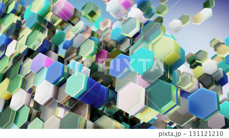 Colorful abstract 3D hexagons floating in futuristic digital space Colorful abstract 3D hexagons floating in futuristic digital space 131121210