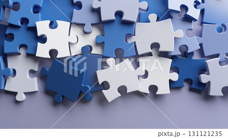 Blue and white puzzle pieces scattered in 3D illustration background 131121235
