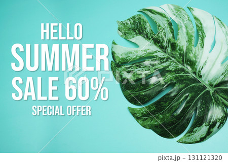 Hello Summer Sale 60% Special Offer with monstera leaf on blue background 131121320