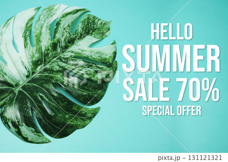 Hello Summer Sale 70% Special Offer with monstera leaf on blue background 131121321