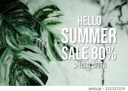 Hello Summer Sale 80% Special Offer with monstera leaf on marble background 131121324
