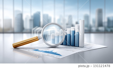 Magnifying glass over financial chart with bar graph and data analysis, focused business insight 131121478