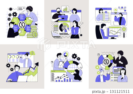 Statistics and analytics concept set for web design. Collection with people making research for financial reporting, working with graphs, diagrams and charts, monitoring data. Vector illustration. Statistics and analytics concept set for web design. Collection with people making research for financial reporting, working with graphs, diagrams and charts, monitoring data. Vector illustration. 131121511