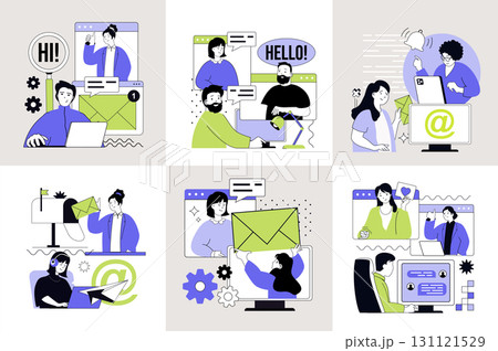 Communication concept set for web design. Collection with people chatting online, sending messages and emails, meeting at video group conference, share comments and networking. Vector illustration. Communication concept set for web design. Collection with people chatting online, sending messages and emails, meeting at video group conference, share comments and networking. Vector illustration. 131121529