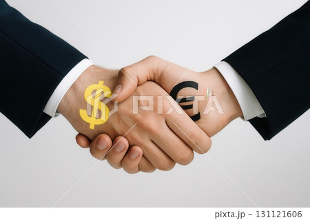 Dollar and Euro hands shaking 131121606